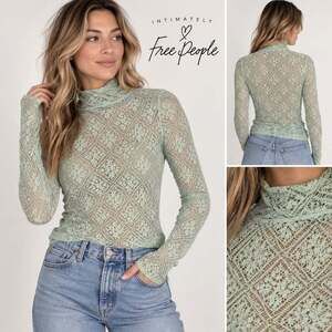 Free People Intimately Mint Green Lace Mock Neck Long Sleeve Top S Cottagecore
